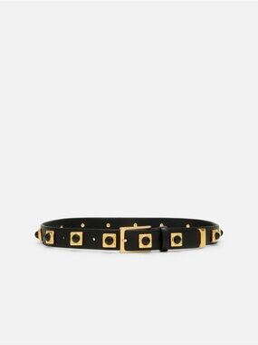 AUREUM Black Leather Belt with Gold Square Studs